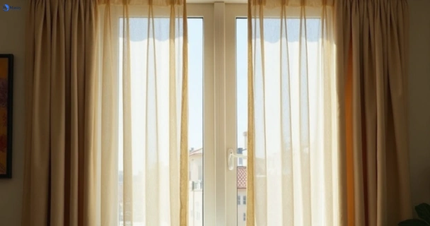Dull dusty drapes in glass-house-mountains before professional cleaning